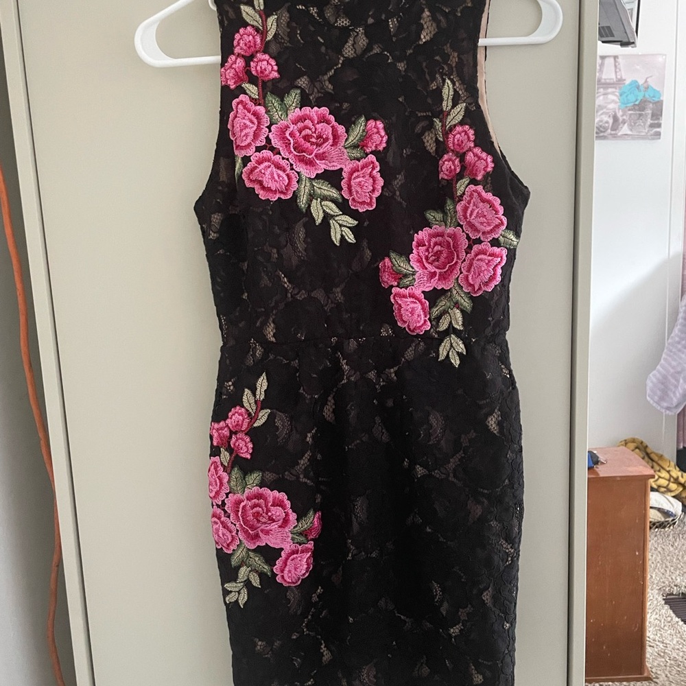 Black Lace Dress with Pink Floral Embroidery